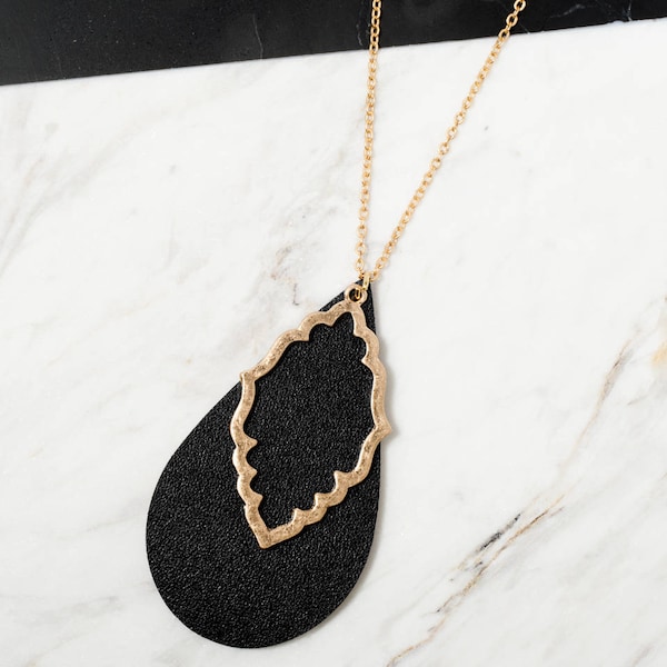 Black Leather necklace, Leather long necklace, Big teardrop necklace, Geometric pendant necklace, Dainty necklace,Simple Statement necklace