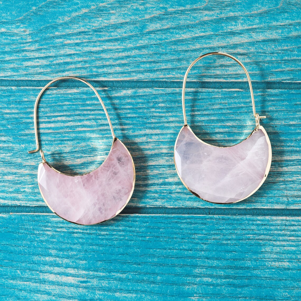 Rose Quartz Earrings Statement Earring Crescent Moon Etsy