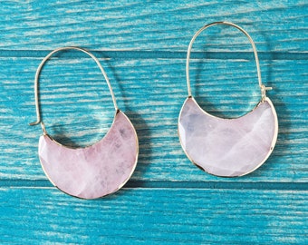 Rose quartz earrings, Statement earring, Crescent moon earrings, Hoop earrings, Bridesmaid earrings, , Unique gift, Minimalist earrings