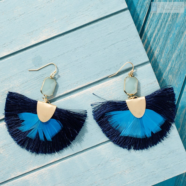 XL large earrings Semicircle earrings Fan Tassel earrings with peacock feather accent Statement earrings Unique gifts Fringe earrings