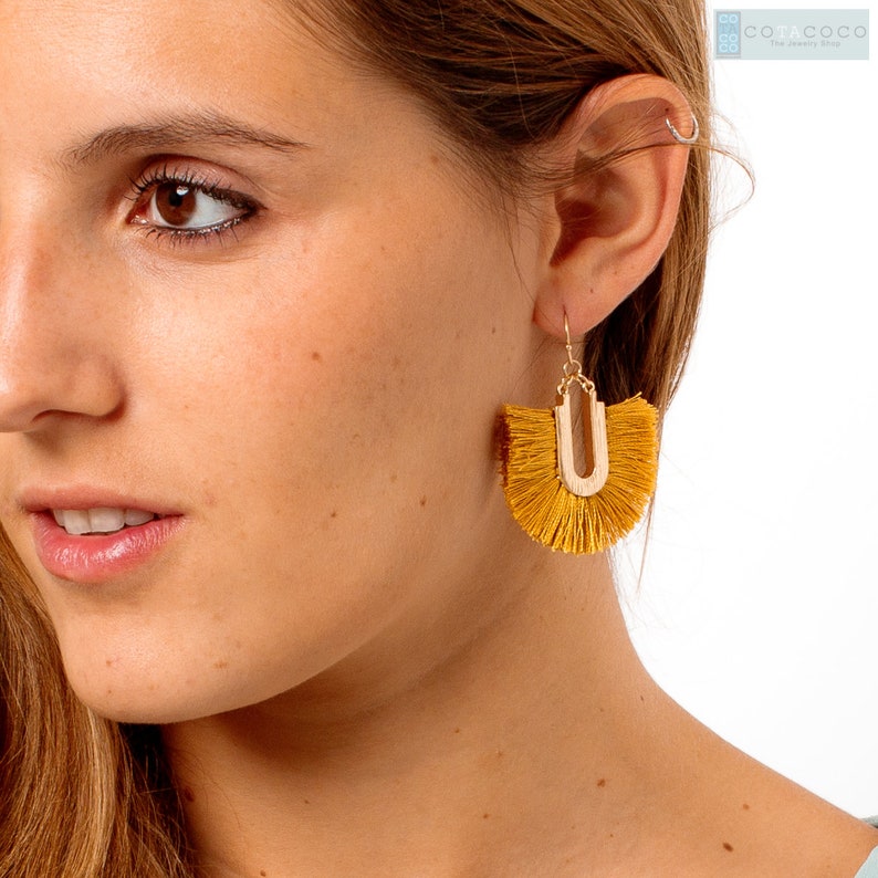 Arch Tassel earrings, Statement earrings, Geometric earrings, Fan tassel earrings, Dangle dorp earrings, Fringe earrings, Colored tassel image 7