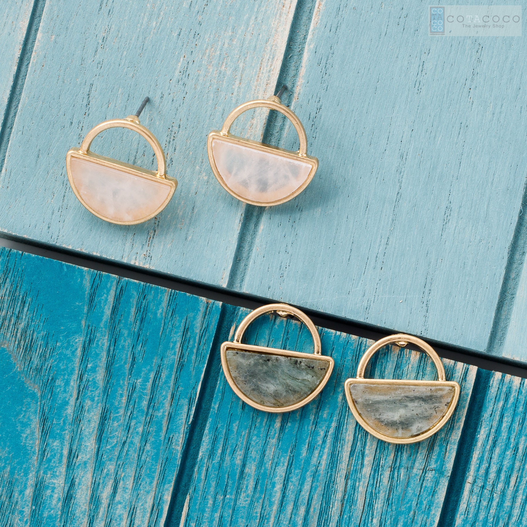 Rose quartz earrings, Labradorite earrings, Semicircle earring, Geome…