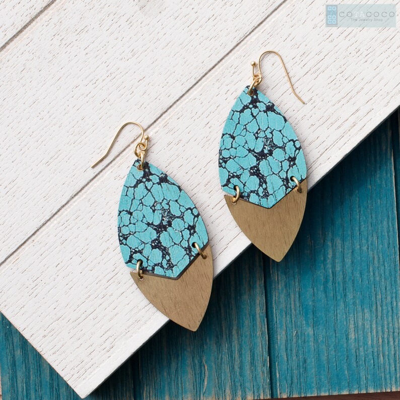 Marble print wooden earrings Statement earrings Turquoise Etsy