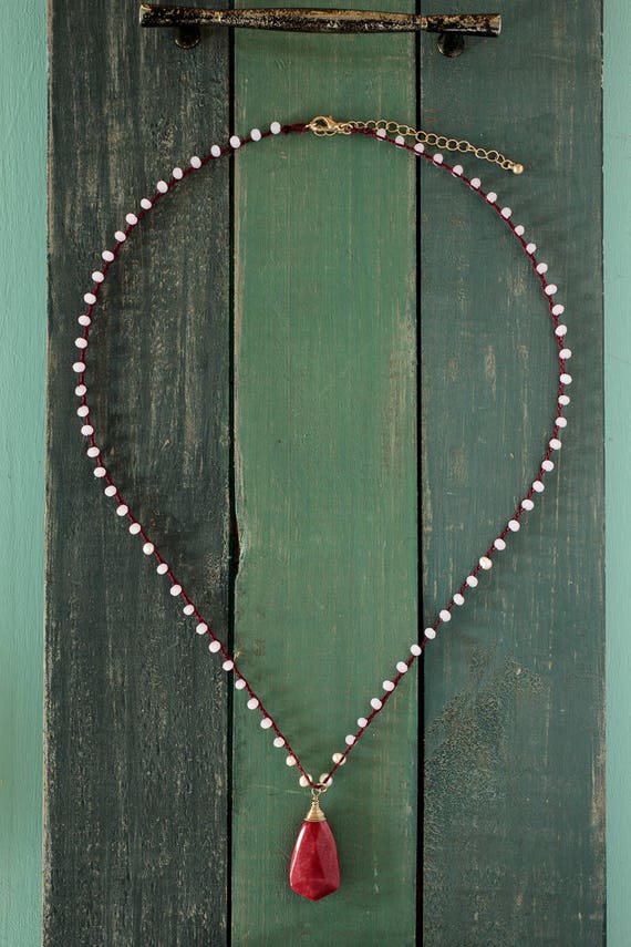 Red jade pendant necklace Pink beaded Long necklace Red | Etsy
