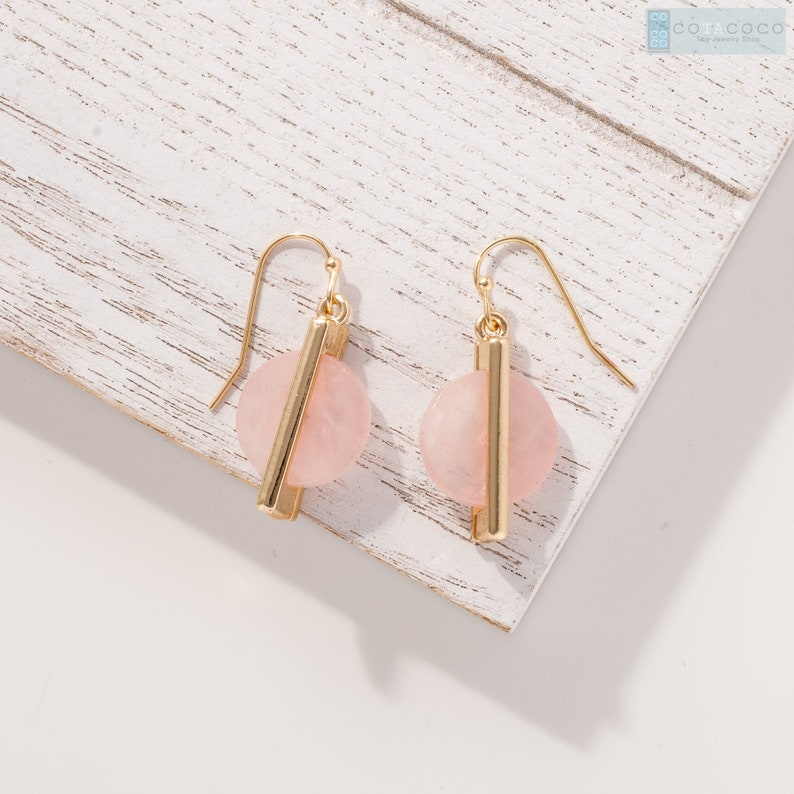 Rose quartz earrings, Minimalist earrings, Geometric Circle earrings, Dainty earrings, Bridesmaid gift, Rose quartz with bar accent earring image 1