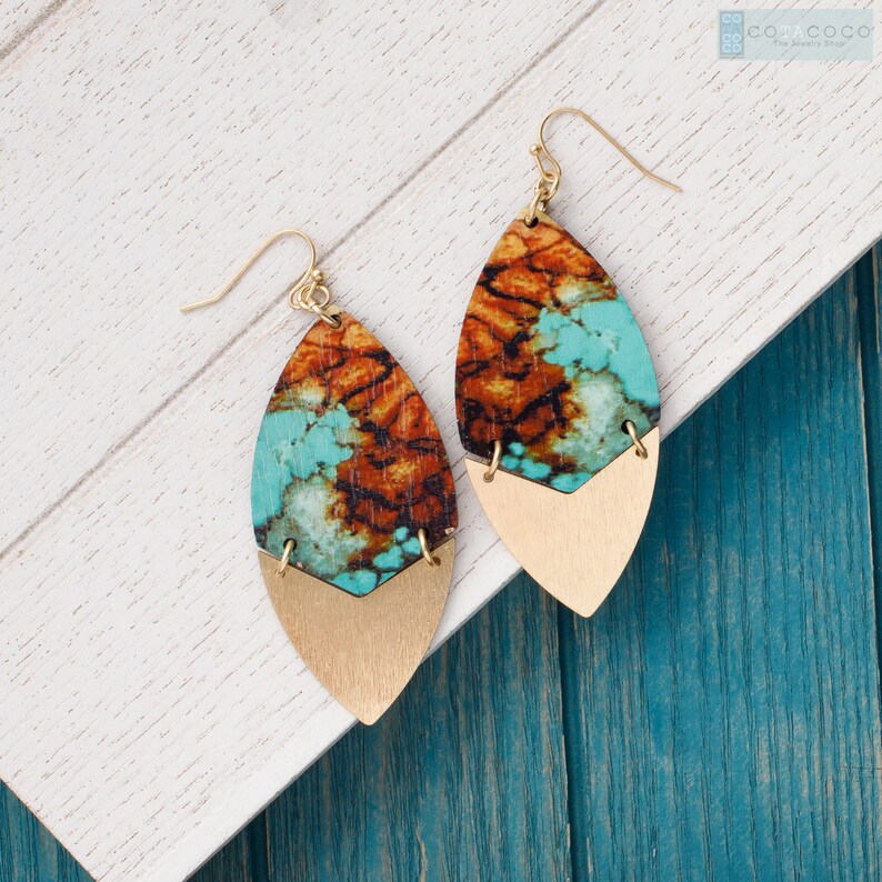 Marble print wooden earrings Statement earrings Turquoise | Etsy