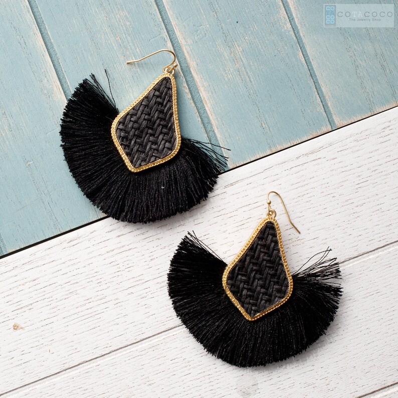 Woven Straw Tassel Earrings Statement Earrings Geometric Etsy