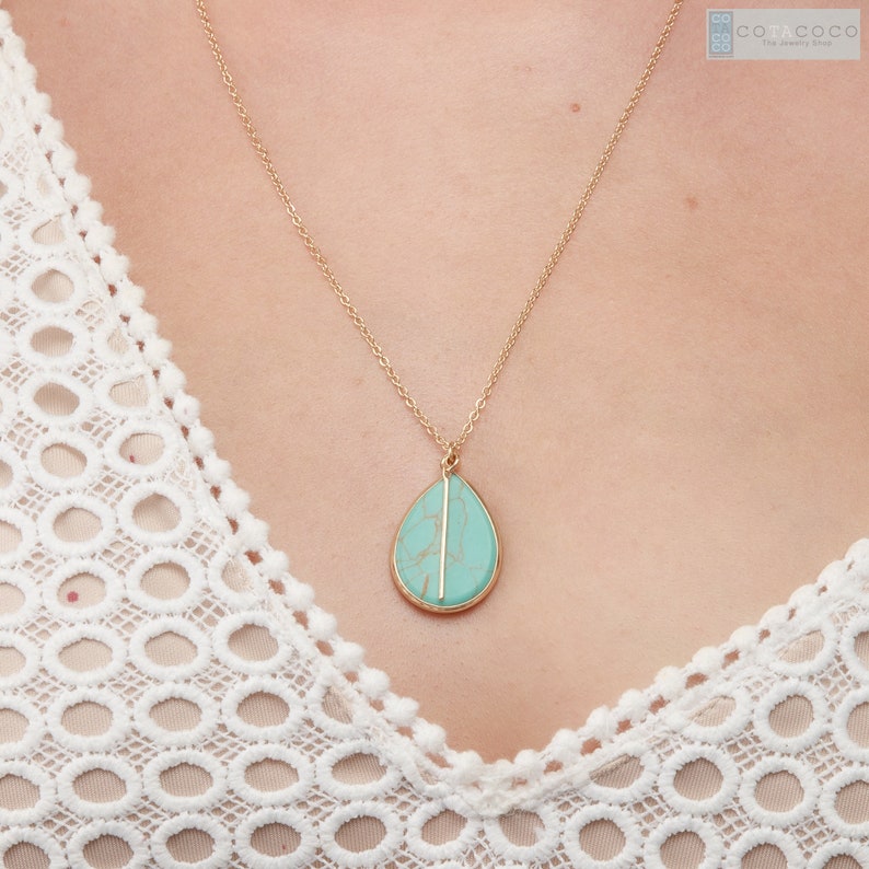 Rose quartz Necklace, Turquoise necklace, Statement necklace, Teardrop necklace, Unique gifts, Crystal necklace, Birthday gift image 3