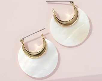 Mother of Pearl Earrings, Crescent moon huggie earrings, Hoop earrings, Bridesmaid earrings, Statement earring, Unique gift,