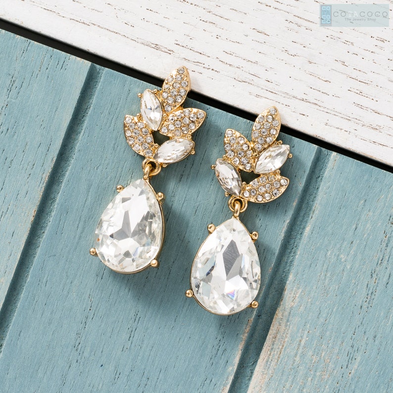 Silver crystal earrings, Bridesmaid Earrings, Leaf and teardrop earrings, Statement earring, Bridal earrings, Geometric earrings, Wedding image 1