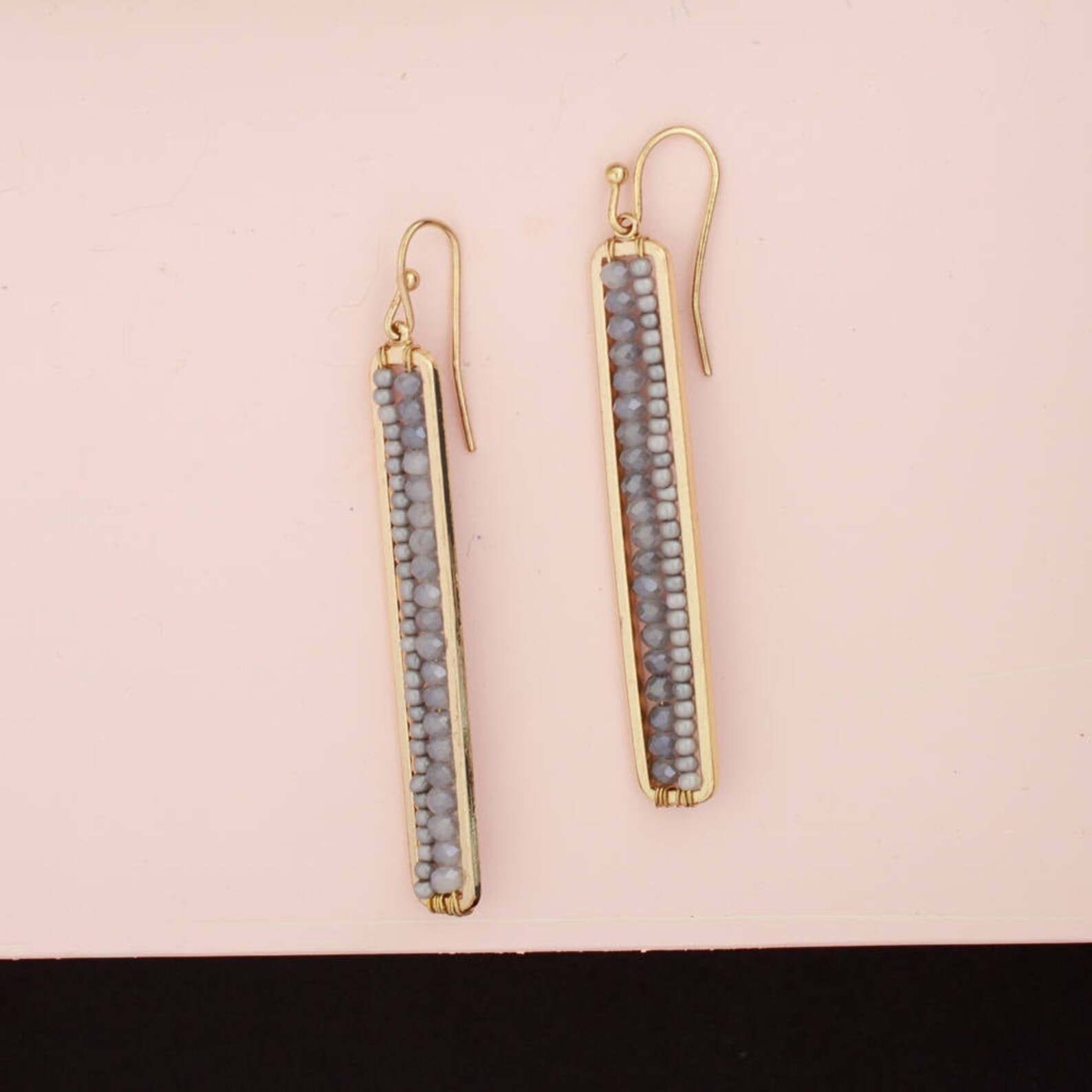 Gray Beaded Bar Earrings Vertical Bar Earrings Double Line Etsy
