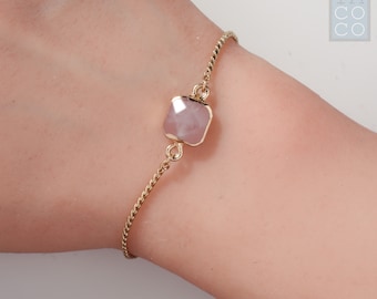 Tiny square quartz bracelet, Rose quartz bracelet, Minimalist bracelet, Bridesmaid gift, Adjustable bracelet, Pull tie bracelet, Raw quartzs
