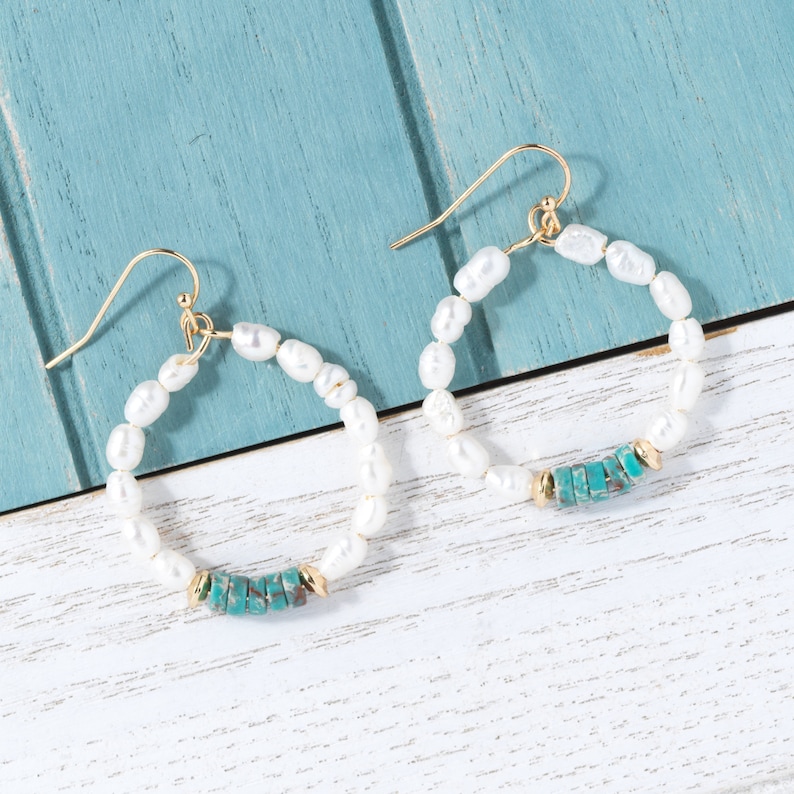 Freshwater Pearls Hoops Earrings with Natural stone bead accent, Statement earrings, Bridesmaid earrings, Minimalist earring, Unique gifts Turquoise