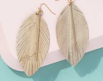 Eel skin earrings, Leather earrings, Statement earrings, Leather with bar earrings, Lightweight earring, Leaf and feather earrings Geometric