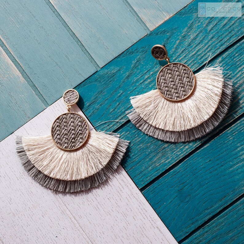 Woven Straw tassel earrings Layered tassel earrings Etsy
