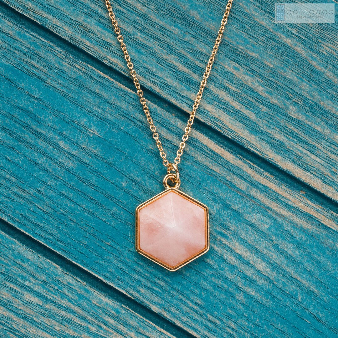 Rose Quartz Necklace, Natural Stone Necklace, Dainty Necklace, Hexagon