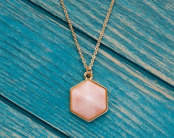 Rose quartz Necklace, Natural stone necklace, Dainty necklace, Hexagon pendant necklace, Bridesmaid necklace Geometric necklace, Unique gift