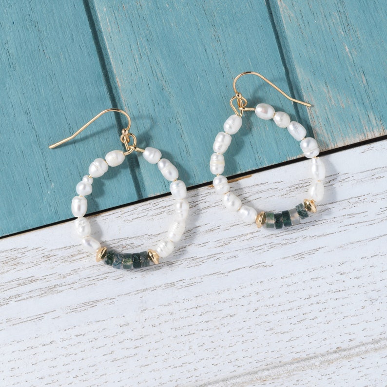 Freshwater Pearls Hoops Earrings with Natural stone bead accent, Statement earrings, Bridesmaid earrings, Minimalist earring, Unique gifts Gray stone