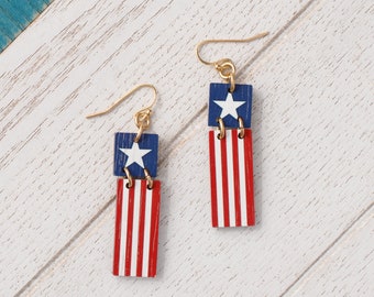 American Flag Earrings, Statement earrings, Wood printed USA flag earrings, Star earrings, Patriotic red white blue earrings, Dangle drop
