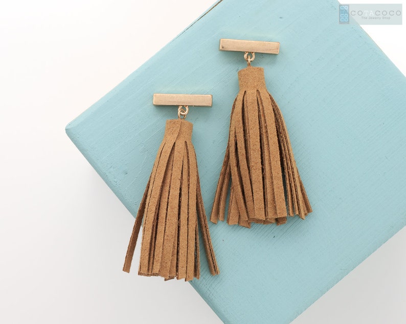 Suede Tassel Stud Earrings Brown Leather Earring Leather Etsy