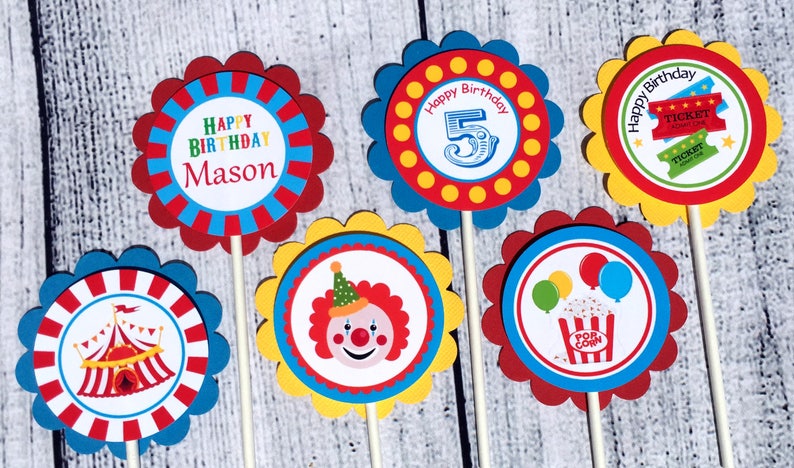 Carnival Party Supplies set of 12 Carnival Personalized Cupcake Toppers - Carnival Party Decorations Custom Cupcake Toppers