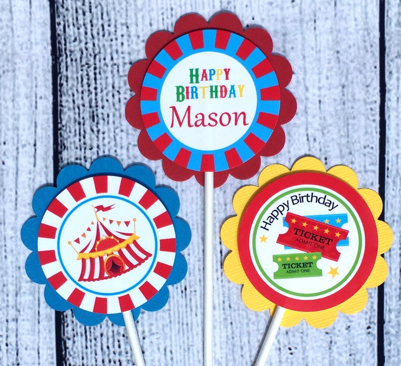 Carnival Party Supplies set of 12 Carnival Personalized Cupcake Toppers - Carnival Party Decorations Custom Cupcake Toppers