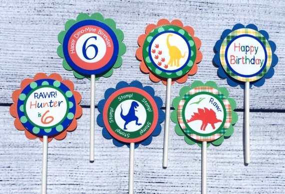 Set of 12 customized personalized dinosaur themed cupcake toppers