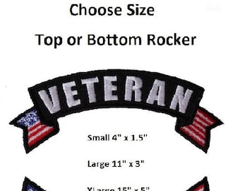 Choose Size and Style VETERAN with American Flag 4", 11", or 15" iron on Rocker patches
