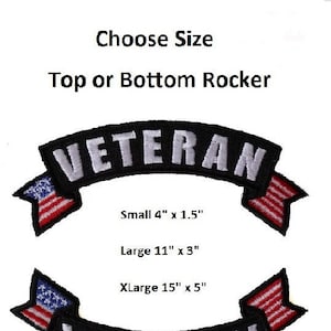 Choose Size and Style VETERAN with American Flag 4&quot;, 11&quot;, or 15&quot; iron on Rocker patches