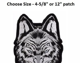 WOLF HEAD 4-5/8" or 12" iron on back patch