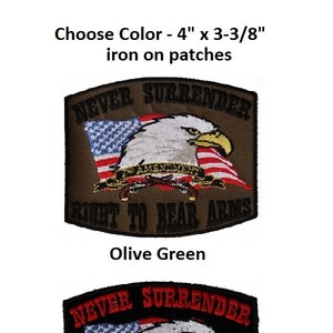 May include: Two iron-on patches featuring an American bald eagle with a flag in the background. The text on the patches reads "Never Surrender" and "Right to Bear Arms". The patches are available in olive green and black.