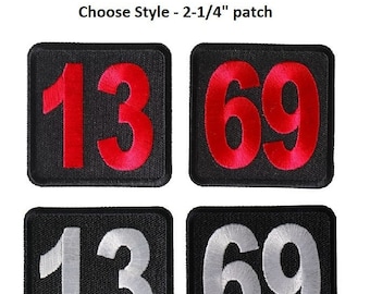 Red or White 13 or 69 on Black 2-1/4" Square iron on Patches (K5)