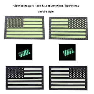May include: Four glow-in-the-dark American flag patches with hook and loop backing. Choose your style:  a traditional flag design, a flag with stars on the stripes, or a flag with stars on the field.