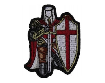 May include: Embroidered patch of a knight in red and white armor holding a sword and a shield with a red cross.
