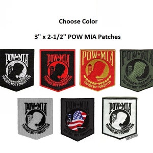 May include: A set of ten 3 inch by 2 1/2 inch POW MIA patches in various colors. The patches feature a silhouette of a person with the words "POW MIA" and "You are not forgotten".
