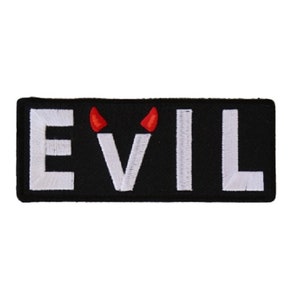 May include: Black embroidered patch with white lettering that reads "EVIL" with two red devil horns above the "V".