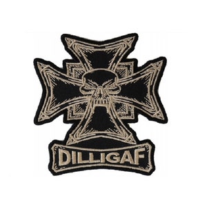 May include: Black and tan embroidered iron-on patch with a skull and crossbones design. The text "DILLIGAF" is below the skull and crossbones.