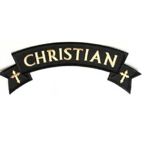 May include: Black and gold embroidered patch with the word "CHRISTIAN" in a banner with crosses on each end.