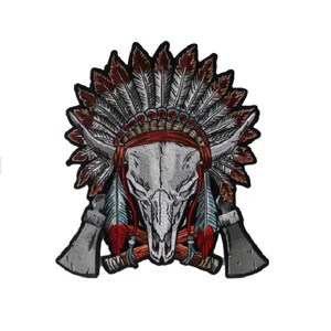 May include: Embroidered patch featuring a white bull skull wearing a colorful Native American headdress with red, white, and blue feathers. Two crossed tomahawks are behind the skull.