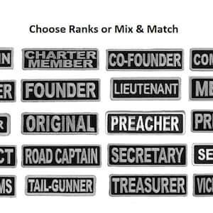 Choose Rank WHITE ON BLACK 3.5&quot; x 1&quot; (unless stated) Club Rank iron on patches Biker