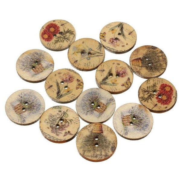 Choose Quantity of Assorted FLOWERS Wooden Button 1" (25mm) Scrapbook Crafts (9047)
