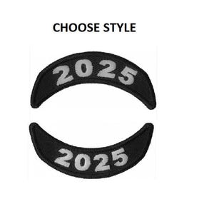May include: Two black fabric patches with white lettering. The patches are shaped like a half-circle and say "2025" on them.