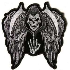 REAPER SKULL w/ WINGS & Middle Finger 4" or 12" iron on back patch
