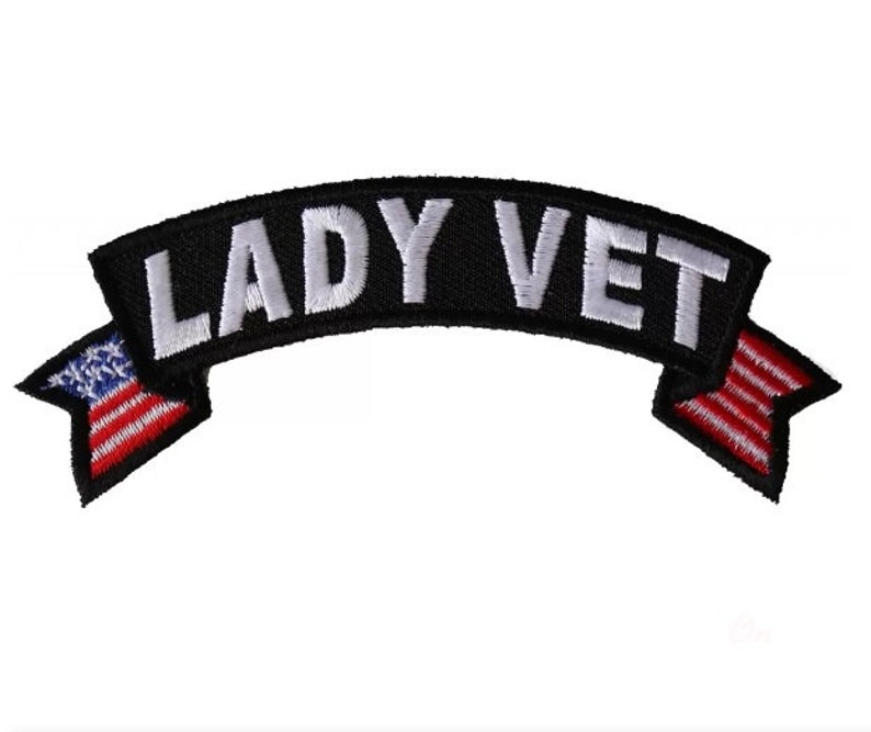 Veteran Military 6439 LADY VET with American Flag 4 x 1.5 iron on Top Rocker patch JJ