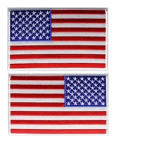 May include: Two embroidered American flag patches. Each patch is rectangular and features a white background with red and blue stripes and a field of blue stars.