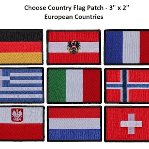 May include: Nine embroidered European country flag patches, each measuring 3 inches by 2 inches. The flags are Germany, Austria, France, Greece, Italy, Norway, Poland, Netherlands, and Switzerland.