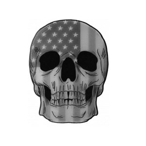 May include: A black and white illustration of a skull with the American flag design on the top of the skull.