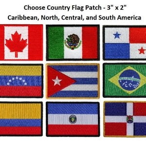 May include: Nine embroidered country flag patches, each measuring 3 inches by 2 inches. The flags are from Canada, Mexico, Panama, Venezuela, Cuba, Brazil, Colombia, Costa Rica, and Dominican Republic.
