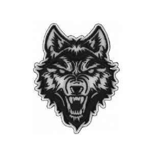 May include: An embroidered patch featuring a stylized wolf head in black and white. The design shows the wolf with a snarling expression, bared teeth, and pointed ears, outlined with a thick white border against a solid black background.