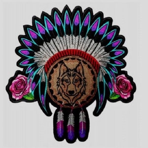 May include: Embroidered patch featuring a wolf's head inside a circle with a Native American headdress above and two pink roses on either side. The headdress is decorated with feathers in shades of white, blue, and purple.